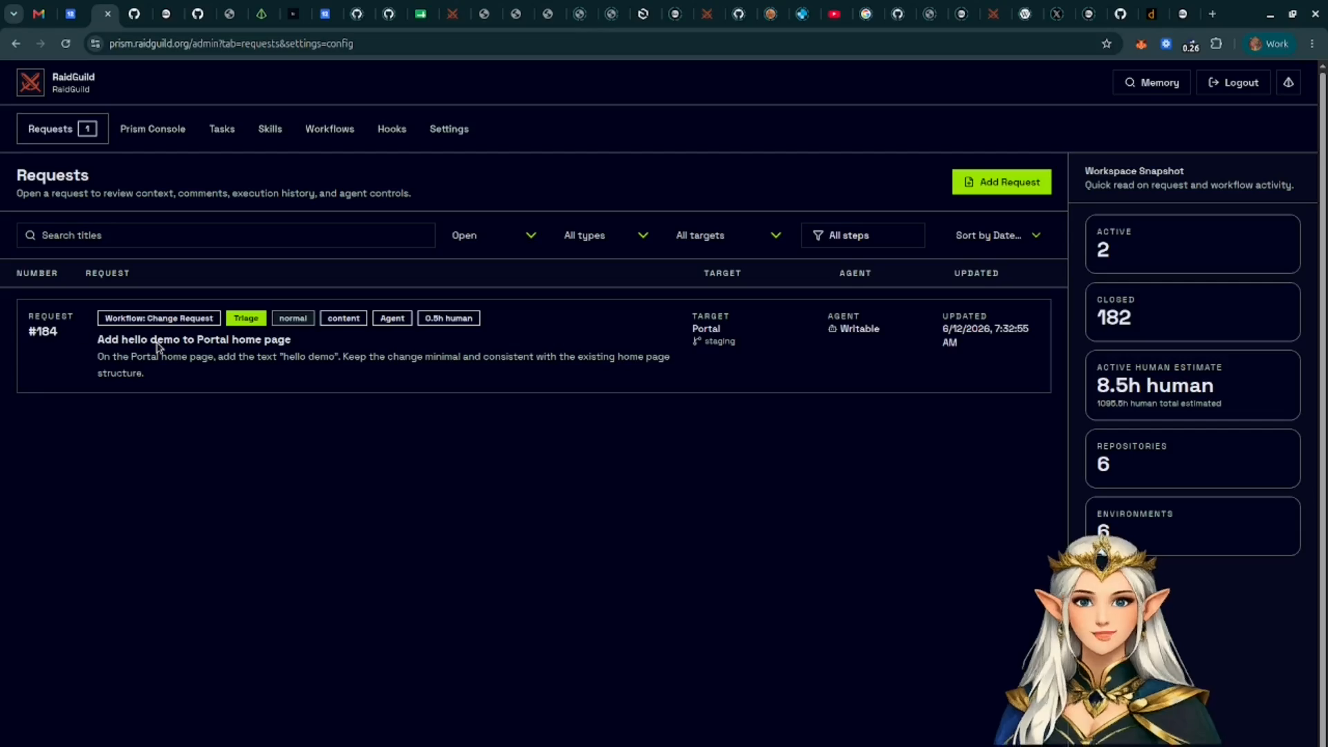 A newly created request in the Requests list