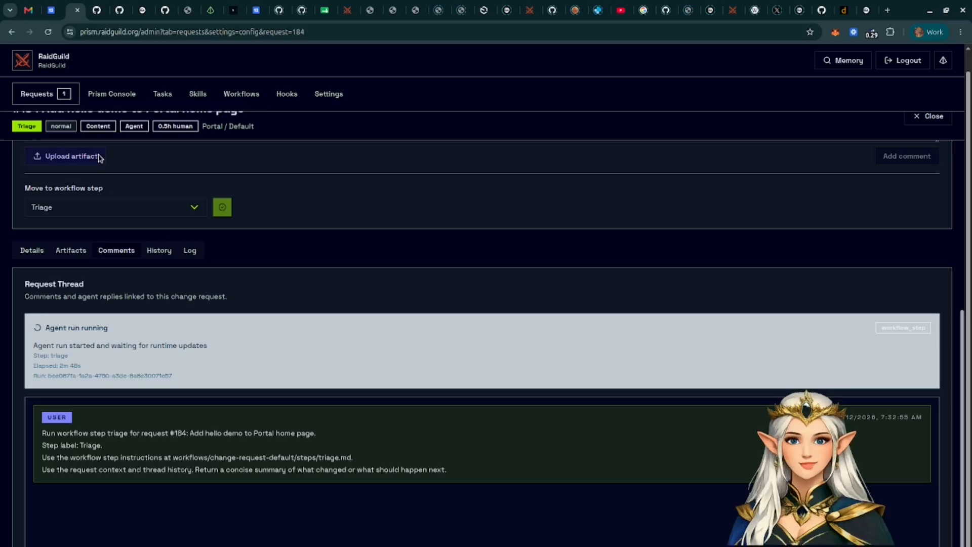 Request comments and artifact upload area
