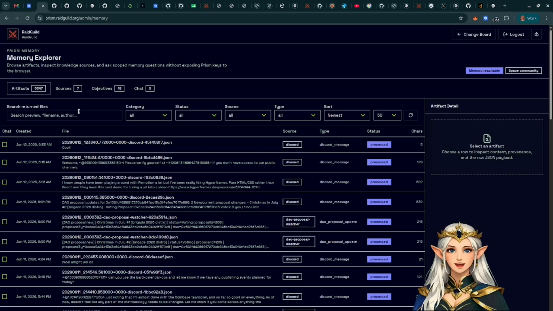 Memory Explorer opened from the admin navigation